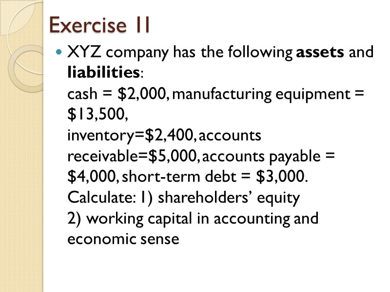 Exercise 1I XYZ company has the following assets and liabilities:  cash = $2,000,
